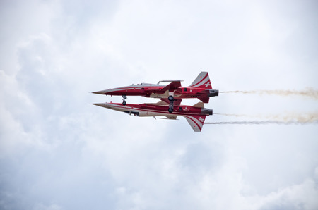 RADOM, POLAND - AUGUST 22, 2015: Display od swiss group "Patrouille Suisse". Airshow event on 22 August 2015, Radom, Polandのeditorial素材