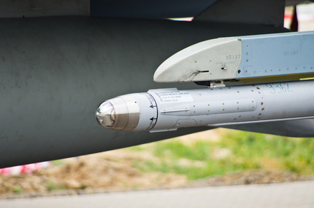RADOM, POLAND - AUGUST 22, 2015: AIM-2000 IRIS-T infrared guided missile under German Eurofighter Typhoon. Airshow event on 22 August 2015, Radom, Polandのeditorial素材