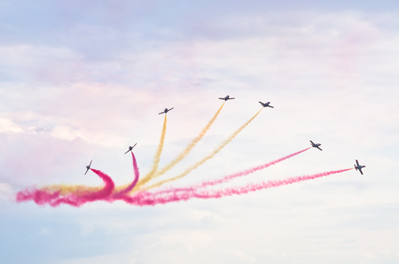 RADOM, POLAND - AUGUST 22, 2015: Display of spanish group "Patrulla Aguila". Airshow event on 22 August 2015, Radom, Polandのeditorial素材