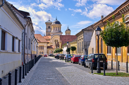 Street and orthodox cathedral in Alba Iulia, Romaniaの写真素材