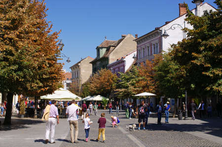 Sibiu, Romania - September 06, 2015: Crowded main street. The town is one of the most important cultural centres of Romaniaのeditorial素材