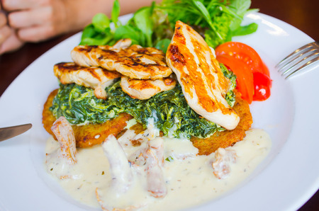 Eating delicious chicken with spinach and potato pancakesの写真素材