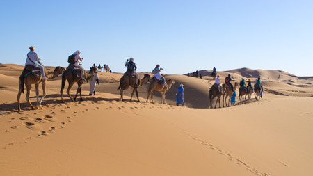 Sahara Desert, Morocco - March 22, 2016: Caravan. It is very popular tourist activity in Morocco.のeditorial素材