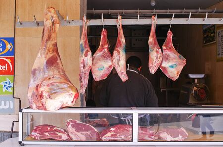 Taroudant, Morocco - March 22, 2016: Meat on the market. Traditional slaughterhouse on one of most known markets in Morocco.のeditorial素材