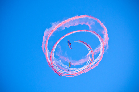Leszno, Poland - June 18, 2016: paratroopers during the air show. Leszno Air Picnic 2016 is annual event that attracts thousands of viewers.のeditorial素材