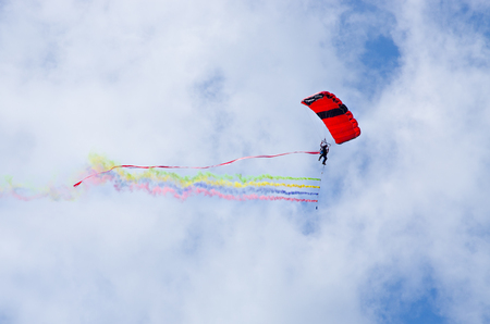 Leszno, Poland - June 18, 2016: paratroopers during the air show. Leszno Air Picnic 2016 is annual event that attracts thousands of viewers.のeditorial素材