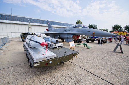 Radom, Poland - August 26, 2017: F-16 on Airshow Radom. One of most famous aviation events in central Europe.のeditorial素材