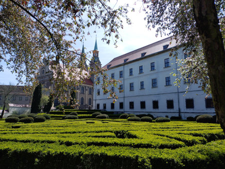 Discover the beauty of a European estate with manicured gardens. Ideal for travel brochures,...