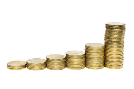 Gold coin stack isolated on white backgroundの写真素材