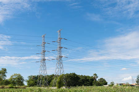 transmission High voltage electricity pylon with blue sky background