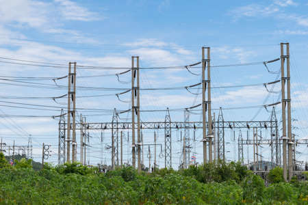 transmission High voltage electricity pylon with blue sky backgroundの写真素材