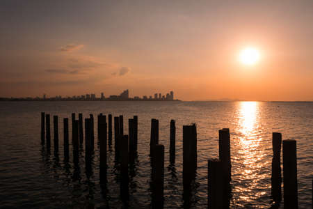 Sunset at Djittabhawan Temple tourist attraction at Pattaya of Thailandの写真素材