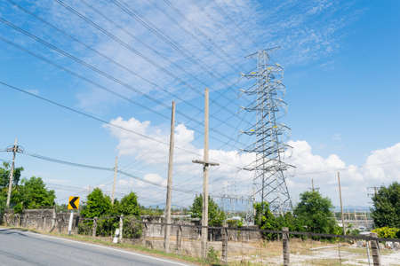 transmission High voltage electricity pylon with blue sky backgroundの写真素材