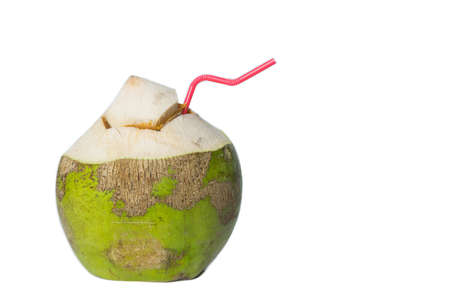 Fresh Green coconuts with drinking straw isolated on white background