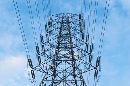 transmission High voltage electricity pylon with blue sky backgroundの写真素材