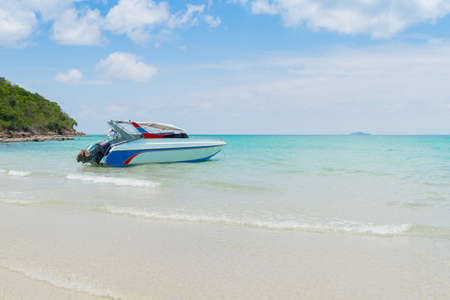 Speed Boat at Sai Kaew Beach and tropical sea in Thailandの写真素材