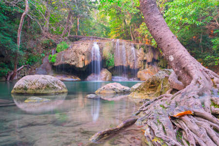 Erawan waterfall in the morning of Kanchanaburi, Thailandの写真素材