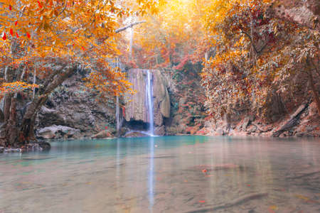 Erawan waterfall in the morning of Kanchanaburi, Thailandの写真素材