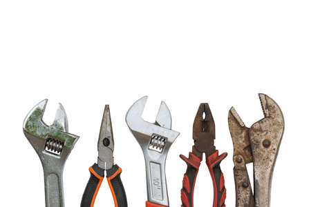 Wrench spanner tools and vise on white background