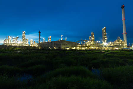 Oil Refinery factory in  evening, Petroleum, petrochemical plantの写真素材