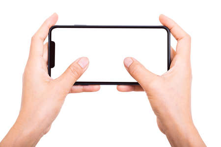 Two hand holding new smartphone on white background
