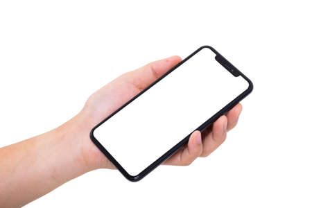 Hand holding new smartphone on white backgroundの写真素材