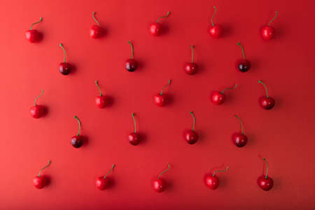Red Cherry pattern on red color background for merry christmas and happy new year backgroundの写真素材