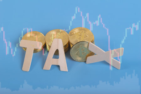 Tax BTC cryptocurrency and  TAX wording with graph stock backgroundの写真素材