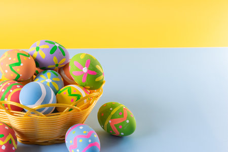 Easter eggs many color in basket for easter backgroundの写真素材
