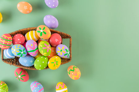 Easter eggs many color in basket for easter backgroundの写真素材