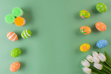 Easter eggs many color with flower and color candle for easter background