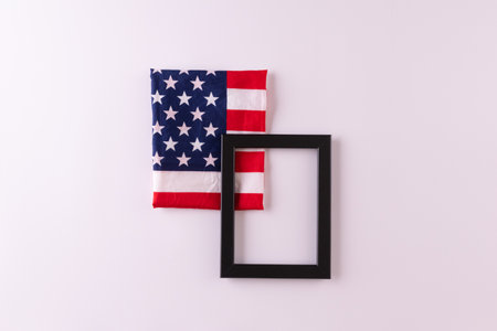 Happy presidents day concept with flag of the United States on white background with tulips for top view conceptの写真素材