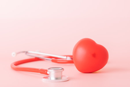 Red heart with doctor physician's stethoscope, World heart health day, doctor day.の写真素材