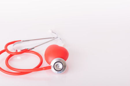 Red heart with doctor physician's stethoscope, World heart health day, doctor day.の写真素材