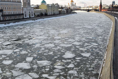 Cracked ice floating in the Moscow river.の写真素材