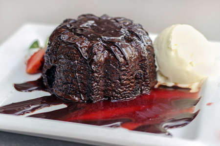 lava cake with ice cream and strawberry sauceの写真素材