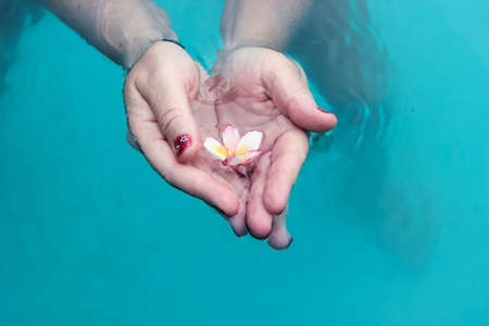 holding flower in poolの写真素材