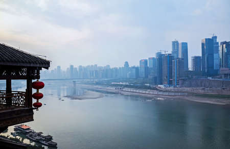 Buildings at riverside in modern cityの写真素材