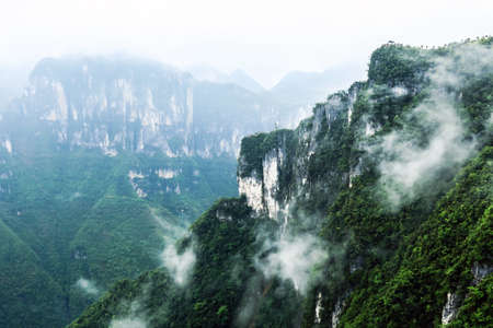 green mountains with mist