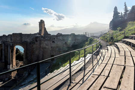 Old ruins at Greek theater in Taormina Sicilyの写真素材