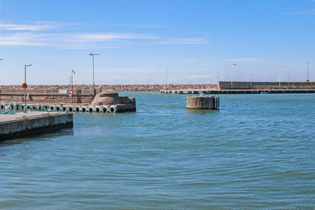 blue ocean at harbor in visbyの写真素材