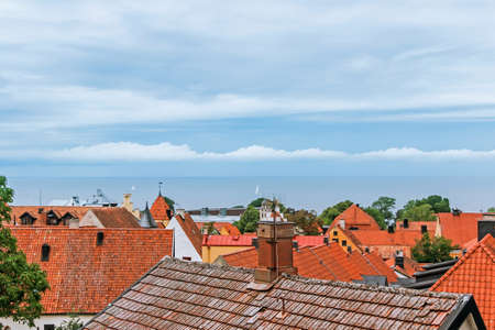 buildings with orange roof in visby swedenの写真素材