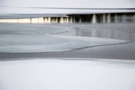 tree reflection in icy lake at winter