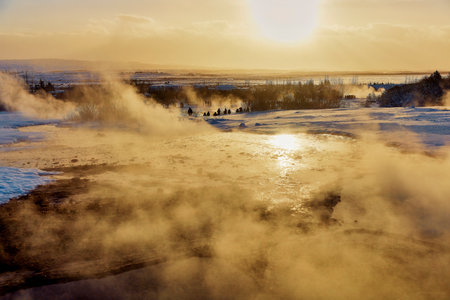 Sunrise over the geyser field in winter. Iceland.の写真素材