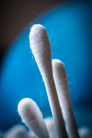 cotton swab close up macro on blue background