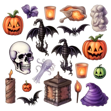 Halloween set with pumpkins, witch hat, skull, candles and other elements Generate Aiの素材