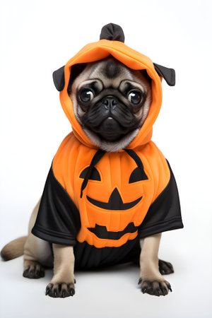 Halloween pug dog wearing pumpkin costume isolated on white background. Generate AI.の素材