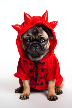 Funny pug dog dressed as a devil for halloween. Generate AI.の素材
