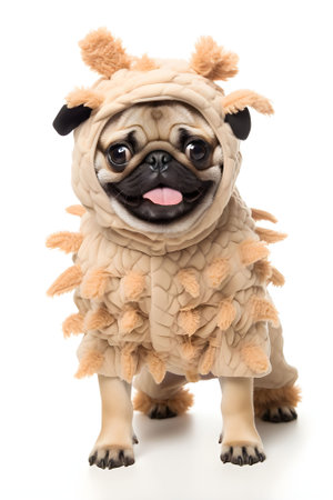 Cute pug dog wearing monster costume isolated on a white background. Generate AI.の素材
