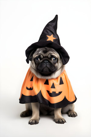 Halloween pug dog wearing witch costume isolated on white background. Generate AI.の素材